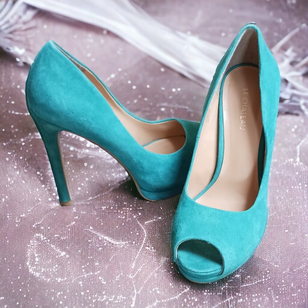 le chateau Teal Suede Peep Toe Stiletto Heels